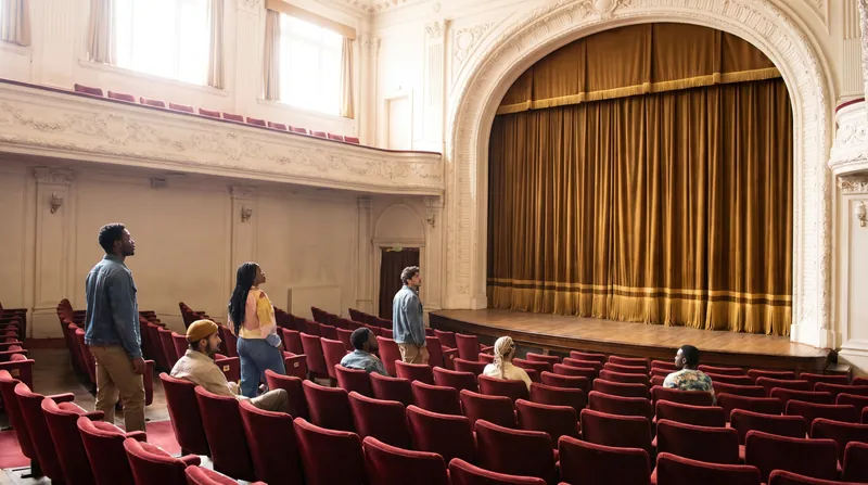 Rows of empty red velvet theatre seats facing a closed stage curtain