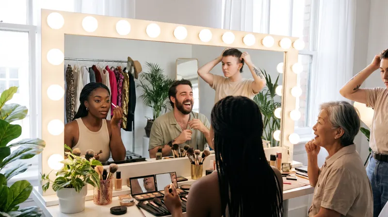 A backstage dressing table with a mirror framed by round light bulbs