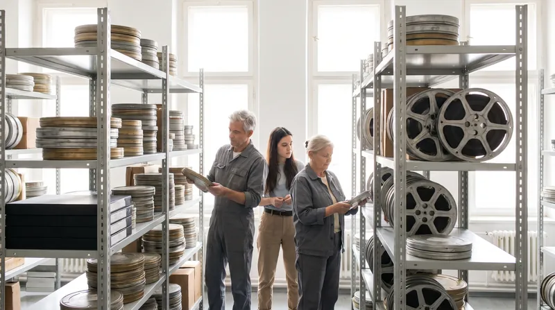 Stacked metal film canisters and reels of old film on an archive shelf