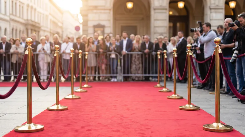 An empty red carpet lined with brass posts and velvet ropes, lit for an evening arrival