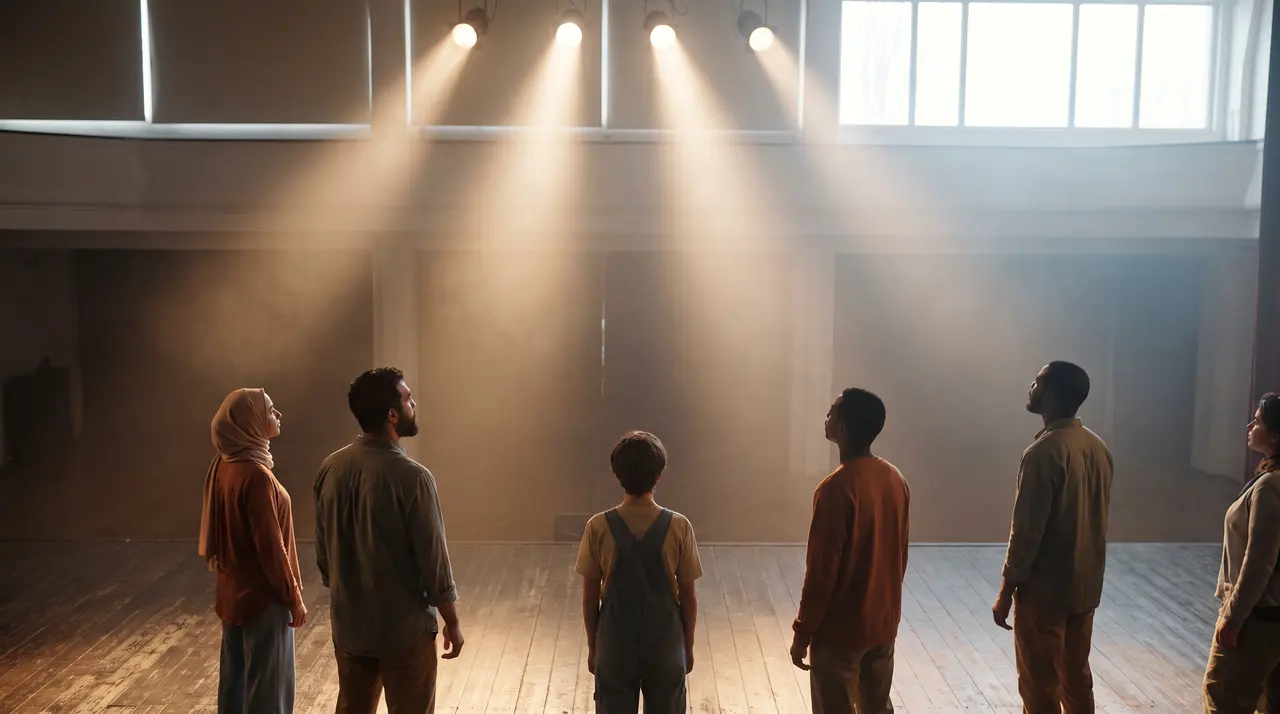 Stage spotlights sweeping through haze above an empty stage
